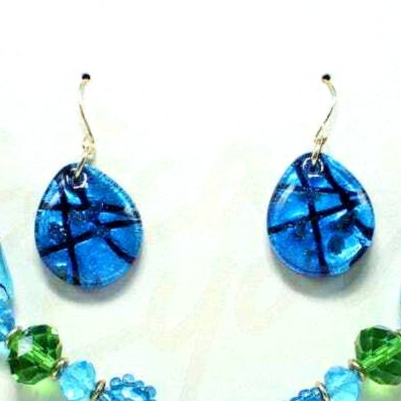 Erica Lyons Set Necklace & Earrings Glass Blue Green Aqua Gold 20" Gift Box NWT - Picture 3 of 6
